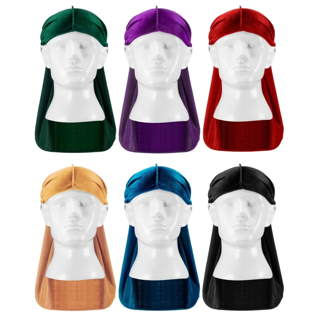 6 Pack Velvet Durag for Men Women, 41 Inch Extra Long Tail, Stretchable Wave Cap for 360/540/720 Waves Crushed Velvet Wave Durag