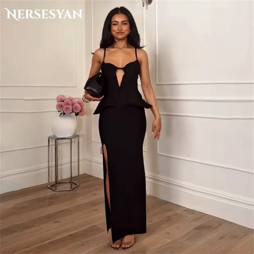 

Nersesyan Elegant Black Mermaid Evening Dresses Spaghetti Straps Side Slit Formal Dress Ruffles Bodycon Maxi Dress Customized
