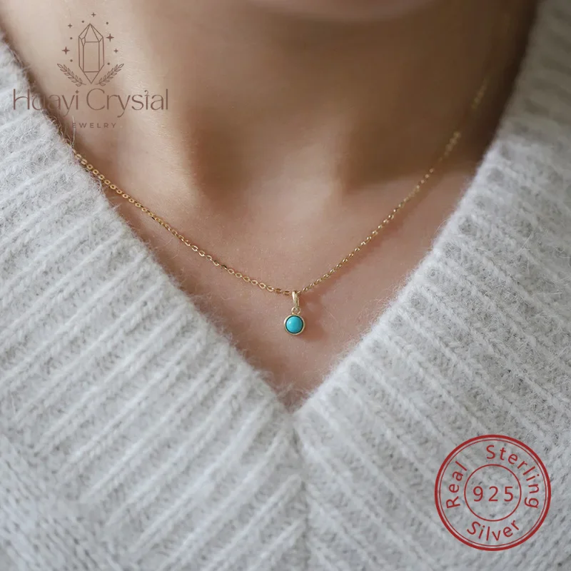 S925 sterling silver necklace 14K gold turquoise mini round golden edge pendant women