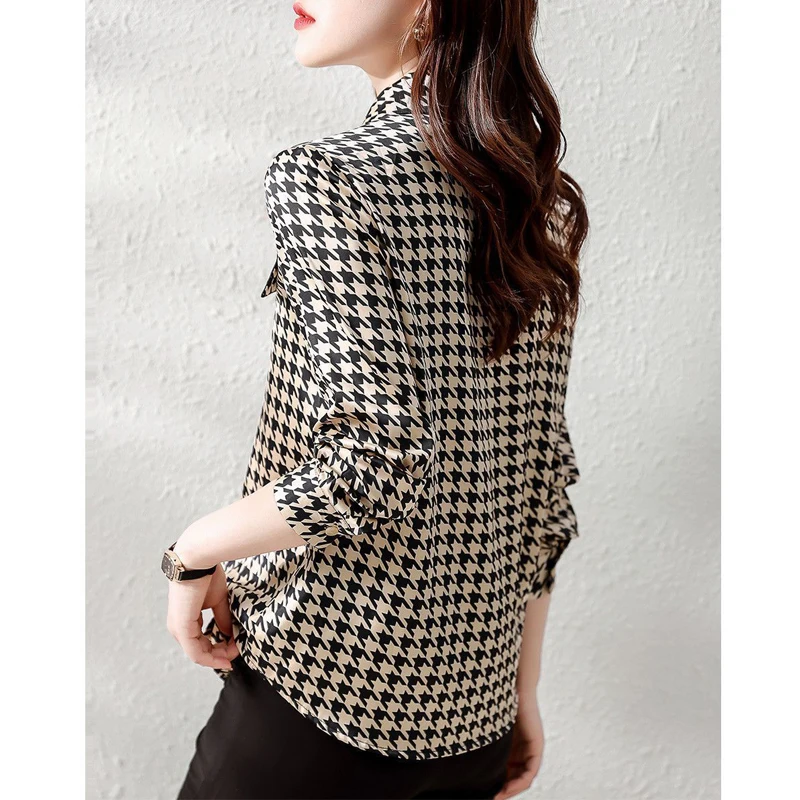 2023 Women Houndstooth Print Lace Up Chic Design Button Shirts Korean Fashion Office Lady Elegant Blouse Long Sleeve Tops Blusas