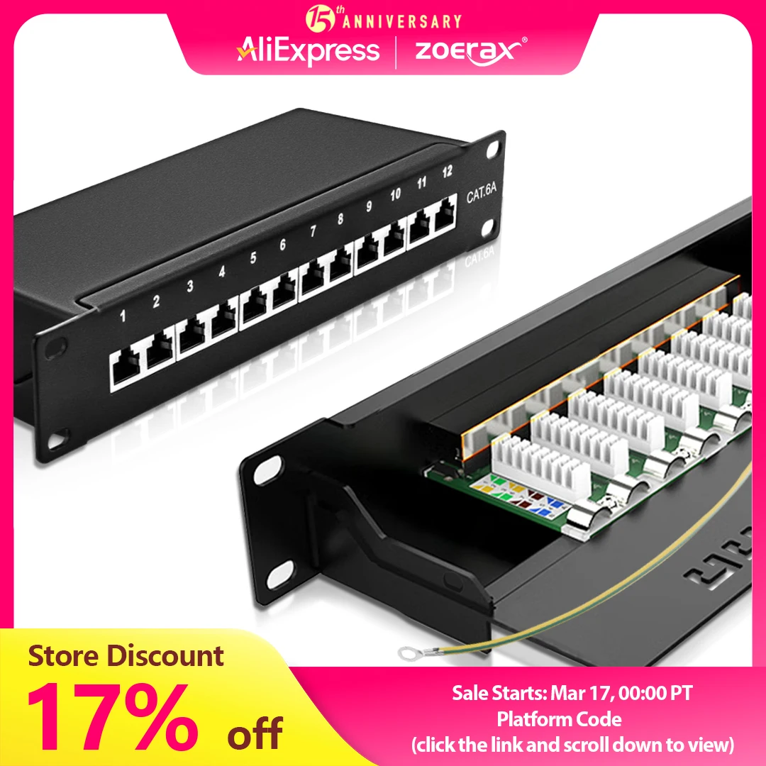 ZOERAX CAT6a 8-Port Patch Panel 10Gbps Shielded Metal Network Panel 1U Rack/Wall Mount Compatible with CAT5e/6/6a/7 Cables