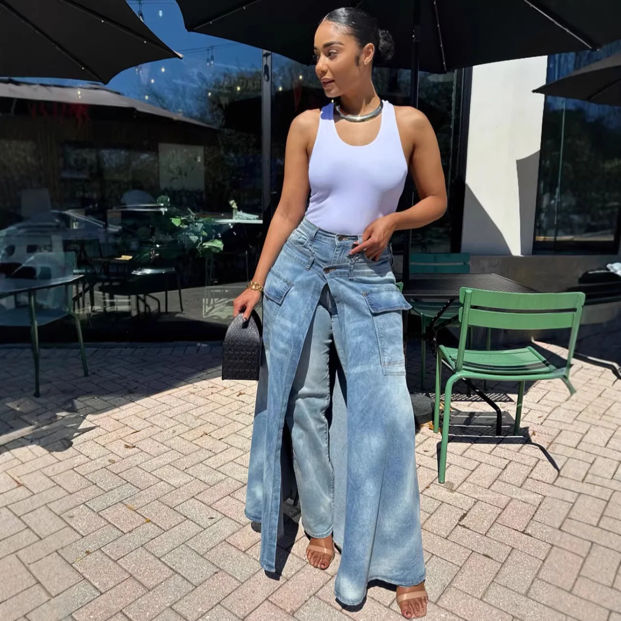 2026 Spring Summer New Fake Two Pieces Denim Skirt Pants Women Street Trendy Symmetrical Slit Denim Skort