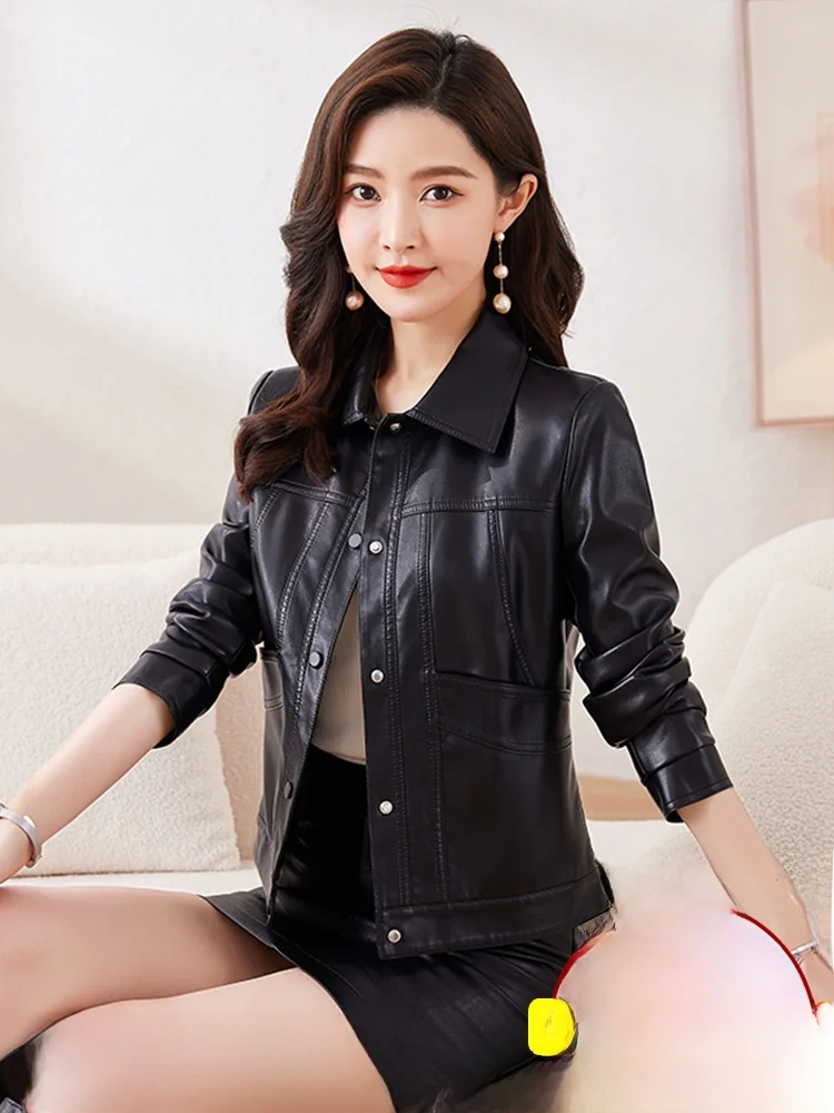   Ning 本革ジャケット レディース ショートスリーブ 2025 春秋新作 大きいサイズ シープスキン バイクジャケット ブラック スマート...