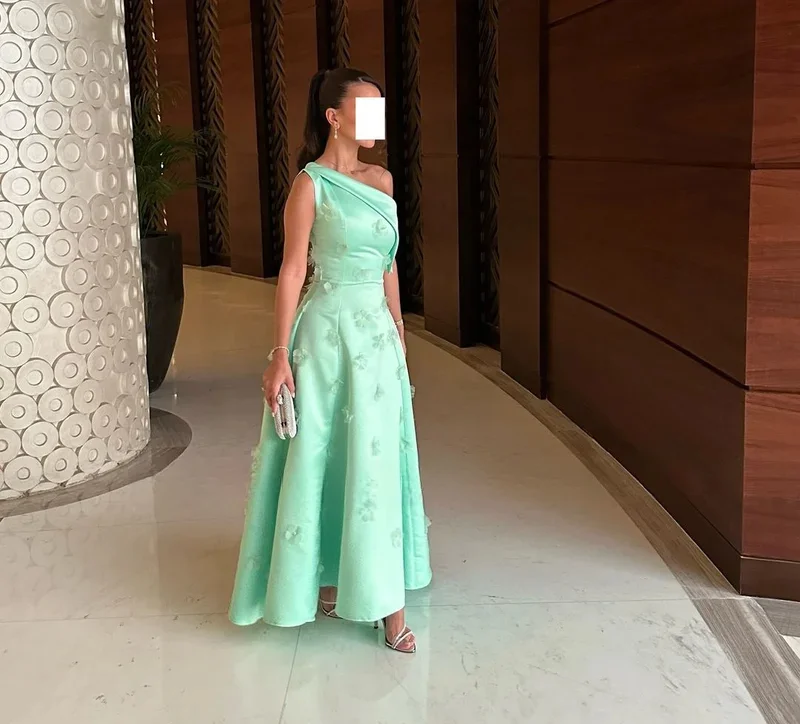 Customized Dubai Mordern One-Shoulder A-Line Prom Dresses Evening Dress Green Satin Long Women Evening Gowns Formal Party Dress