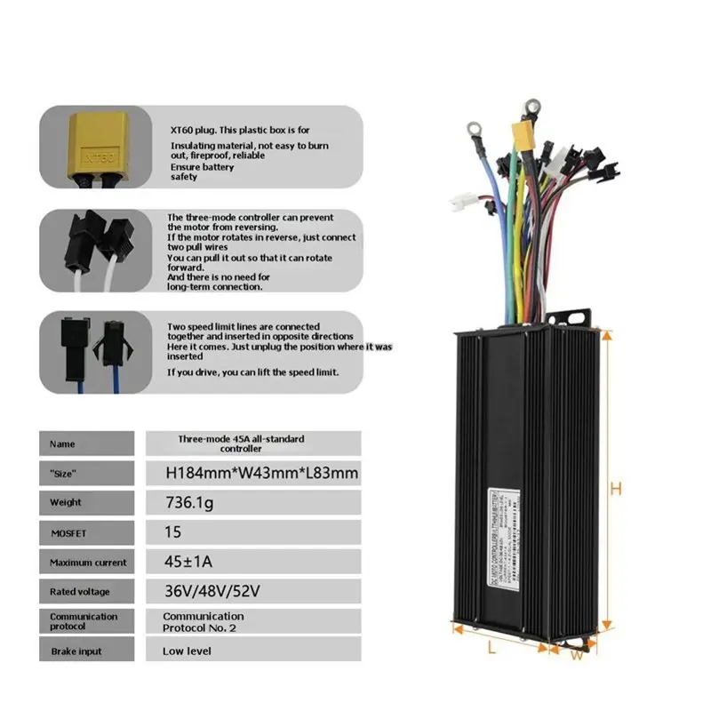 T24 LCD Color Meter+ Sine Wave Tri-Mode 36V- 52V 45A Controller For E-Bike Electric Scooter - view 6