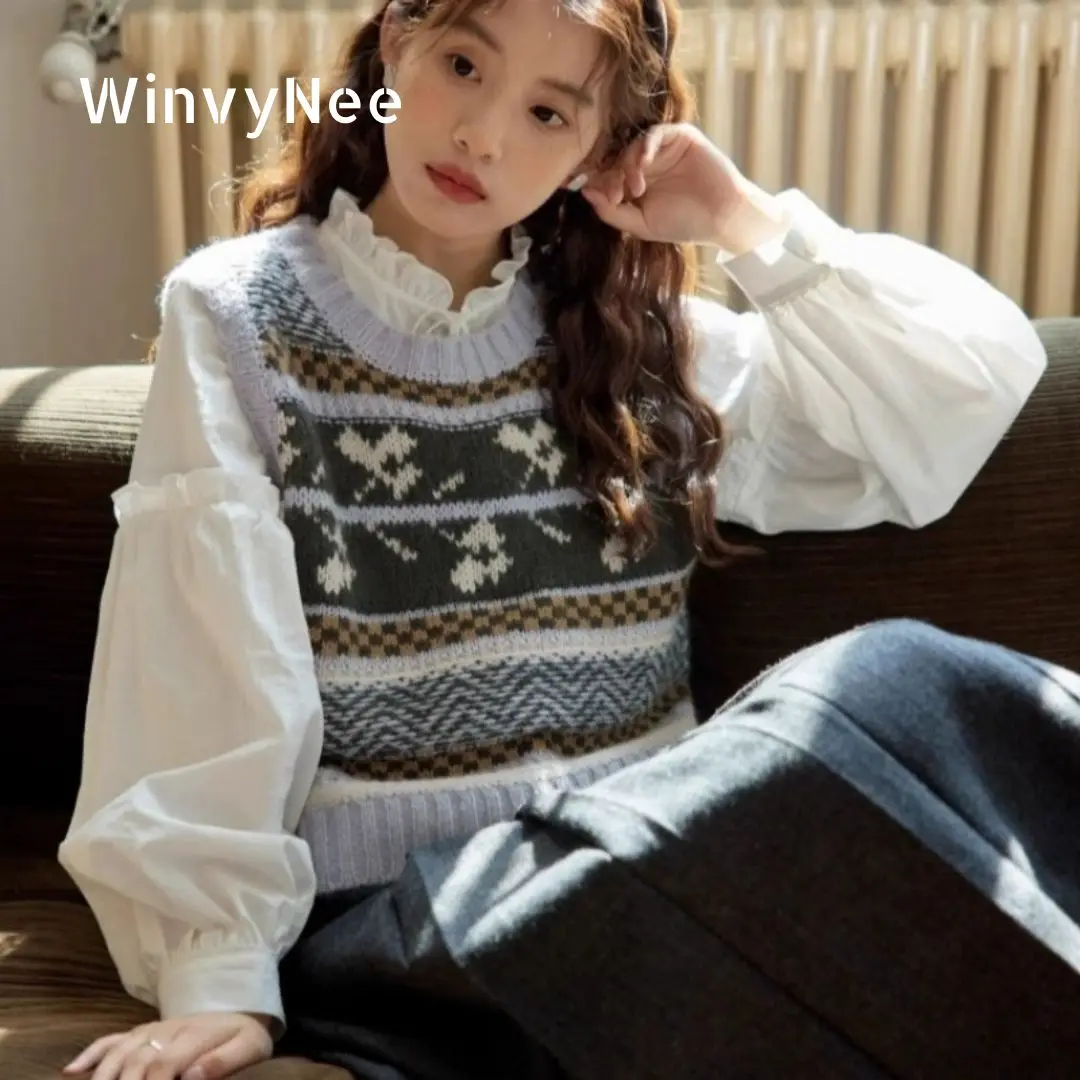 

WinvyNee женские шерстяные жилеты с круглым вырезом, повседневная теплая британская верхняя одежда, жилет, женские топы, вязаные свитера, осень C1113007