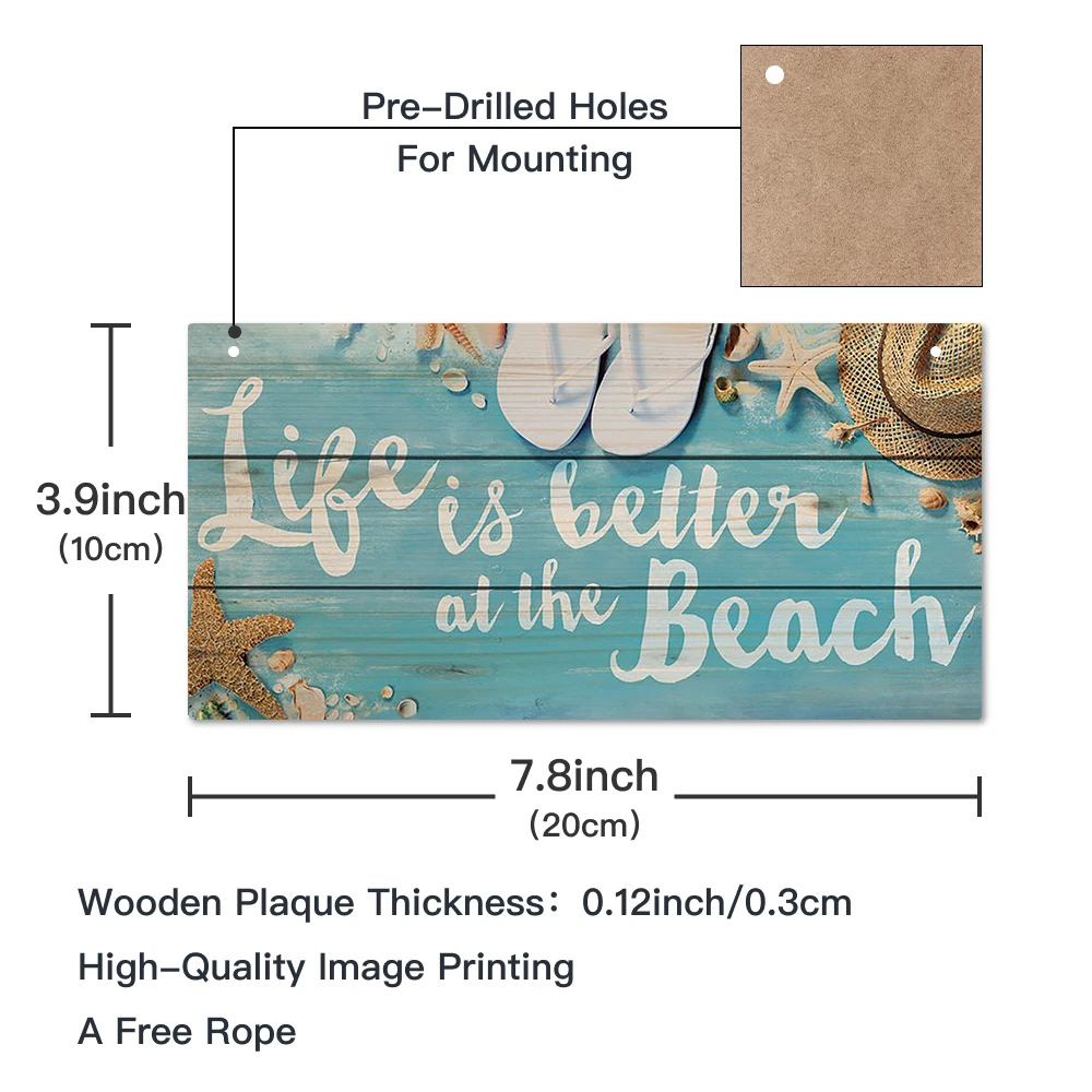 Putuo Decor 1pc Beach Wooden Sign, Wood Hanging Plaque for Beach House Bedroom Living Room, 3.9 x 7.8 Inches