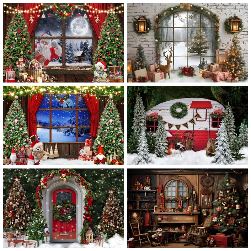 Christmas Window Backdrop Winter Snow Xmas Tree Gift Santa Claus Family Party Decor Background For Baby Photo Photographic Props