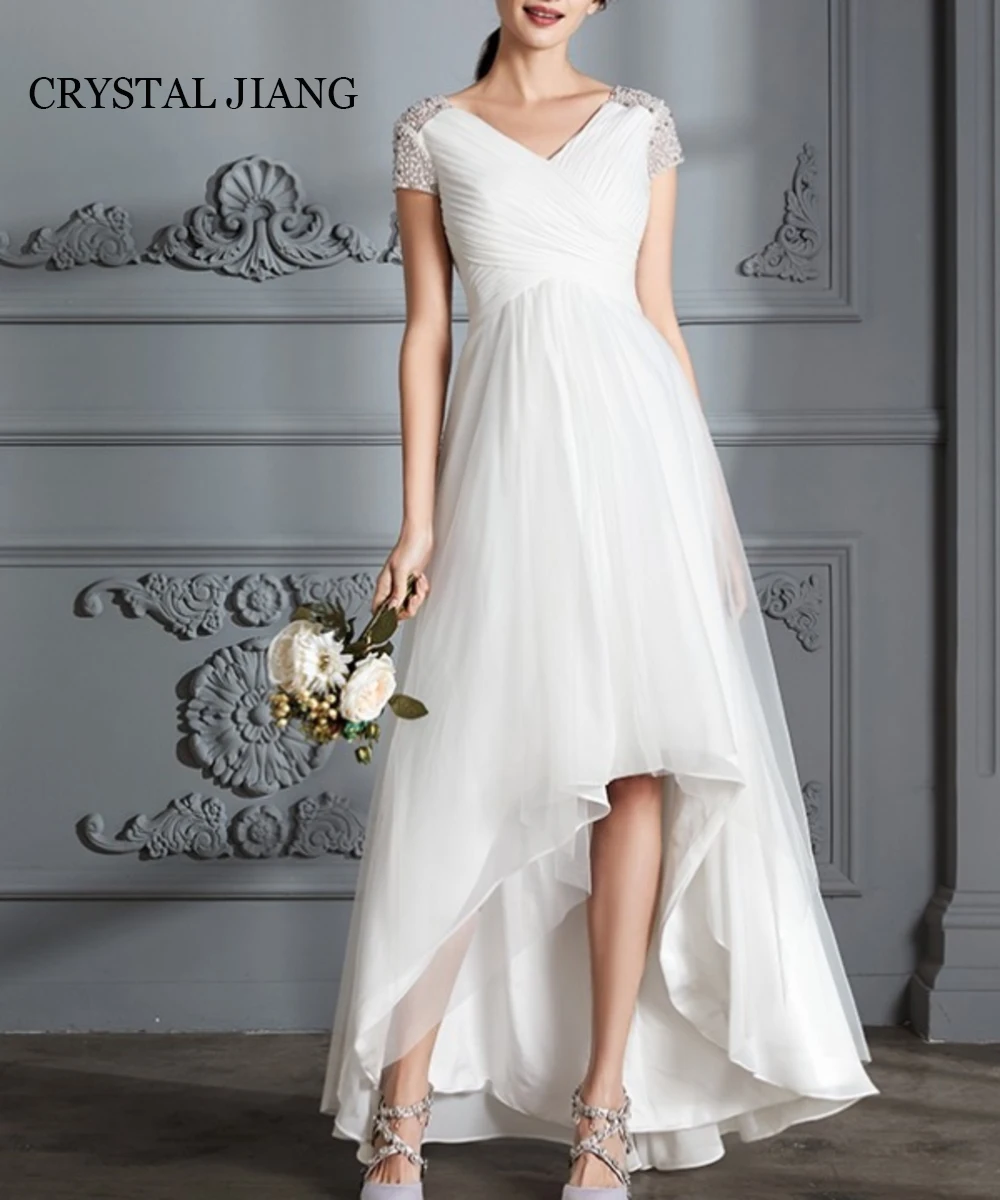 Classy Long Wedding Dresses V Neck Tulle with Short Sleeves Asymmetrical Vestido De Casamento Floor Length Dress