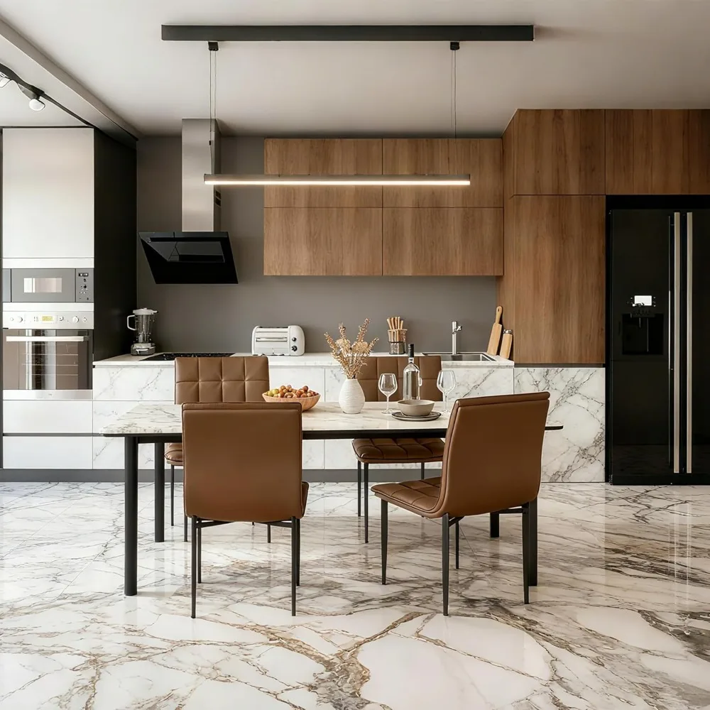 Set di 2 sedie da pranzo, sedia da cucina imbottita in pelle PU con gambe in metallo, sedie dall'accento moderno, sedie da pranzo marroni