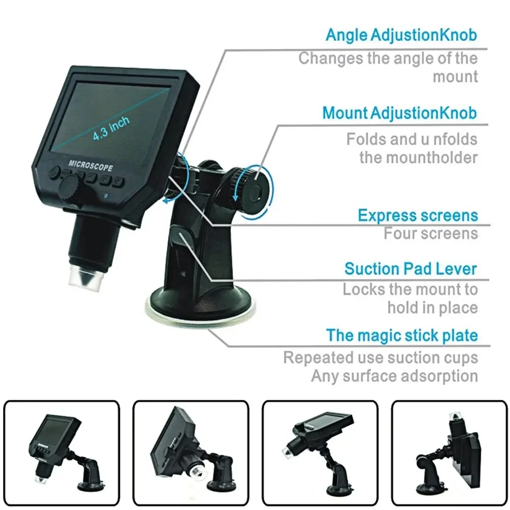 4.3 In LCD Digital Microscope 1-600X Coin Microscope for Error Coins Micro Scope with High Stand 8 LED Kids Adult USB Magnifier