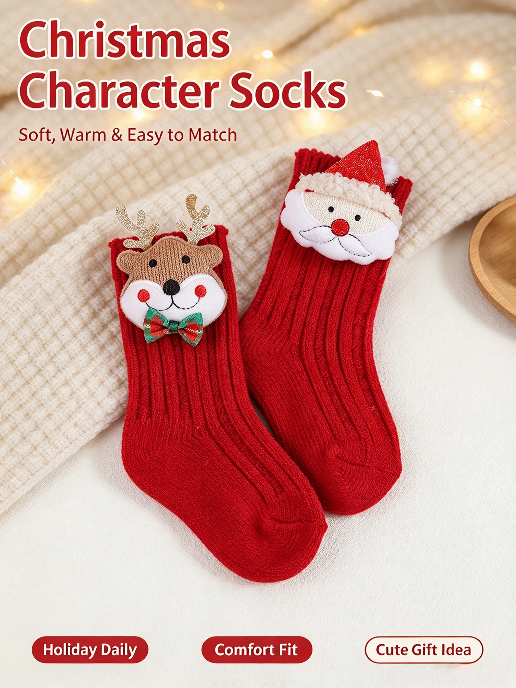 2 Pairs Toddler Christmas Knit Mid Calf Floor Socks 3D Santa Reindeer Doll Decor Warm Autumn Winter Holiday Socks for Kids 0-7Y