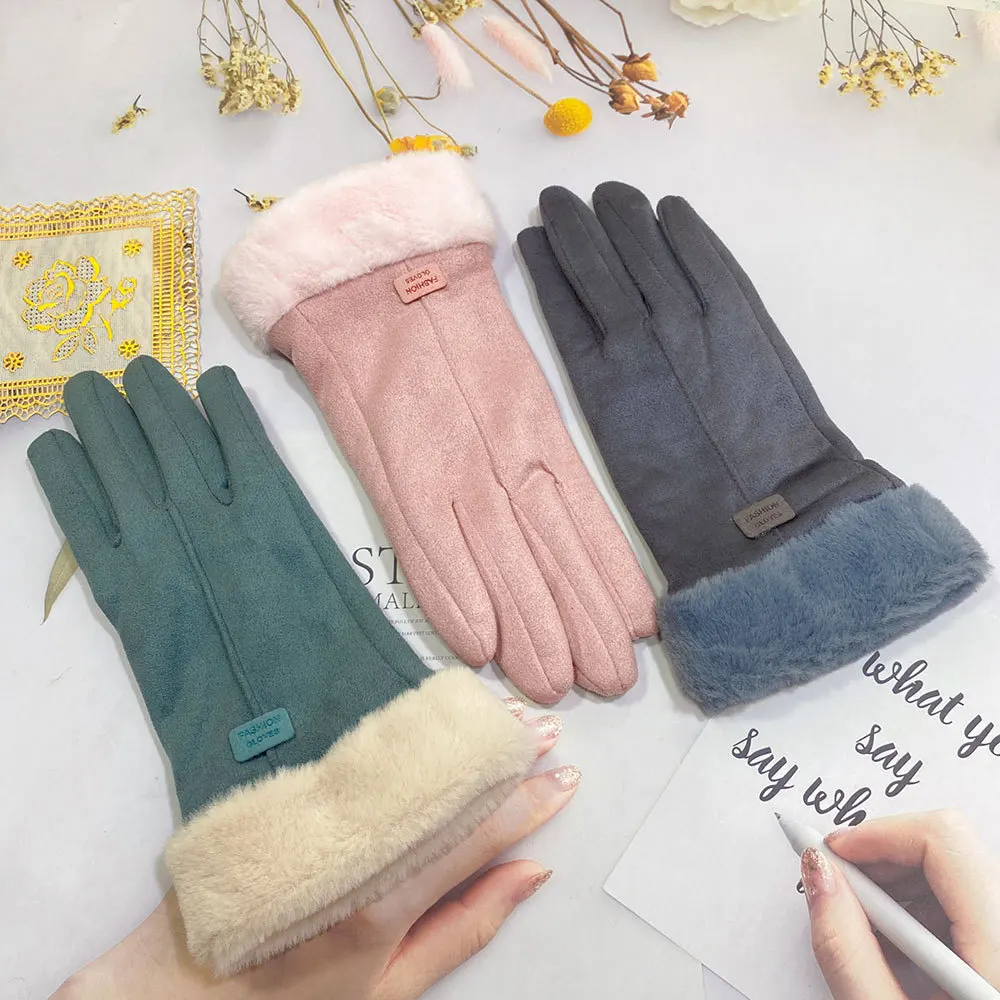 Women's Suede Warm Gloves with Outdoor Touch Screen Stickers, Seasonal Thick Warm Riding, Driving, Leisure Motorcycle Gloves
