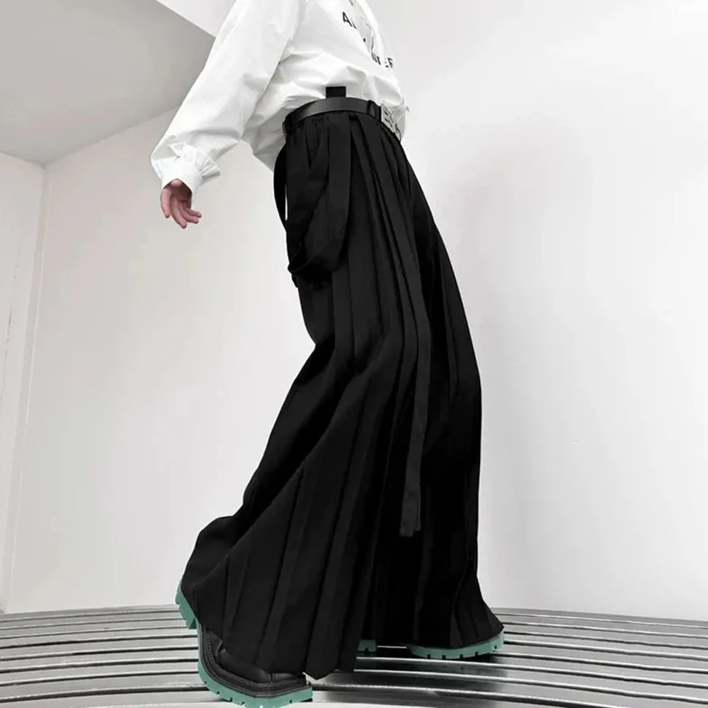 Y2k Gothic Dark Style Skirt Pants Pleated Double Ribbon Design Hakama Genderless Japanese Streetwear Samurai Pants Unisex 2024