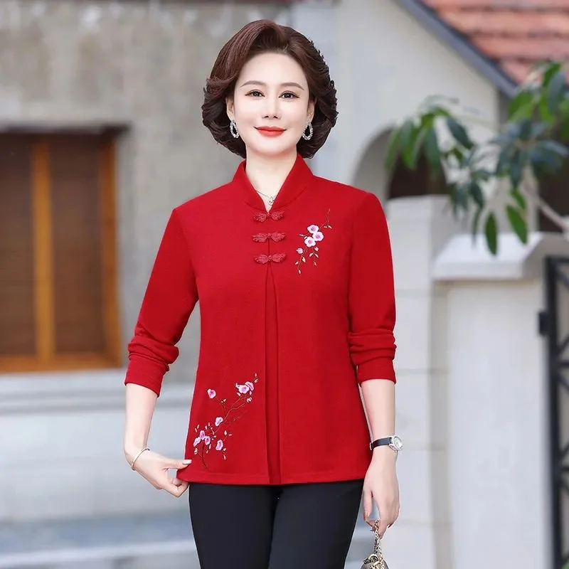

2025 Middle Aged Mother Stand-up Collar Tops Korean Female Leisure Large Size 5XL Blouse Summer Lady Fashion Embroidery Shirt