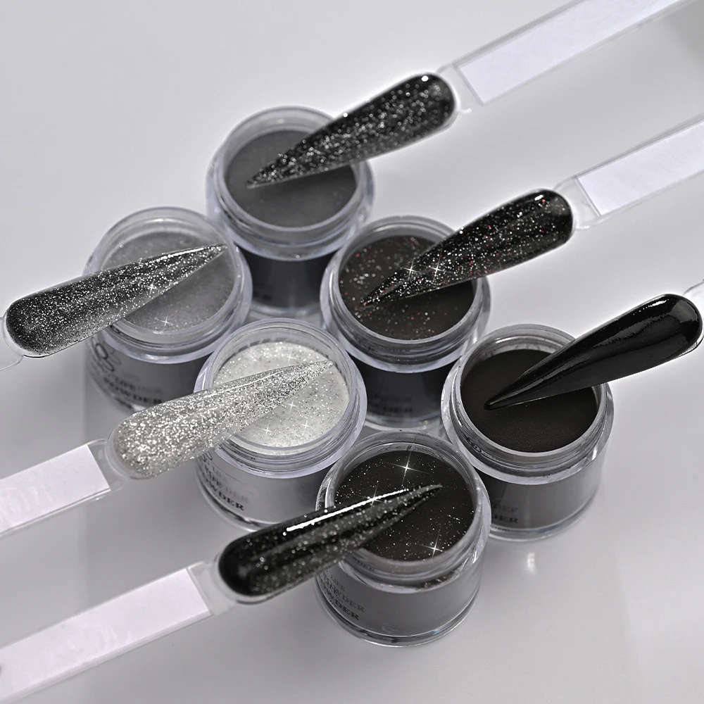 6 اللون الأسود بريق تراجع مسحوق طقم أظافر كريستال مسمار مسحوق طقم هدايا التجفيف السريع ثلاثية الأبعاد الاكريليك تمديد مسحوق مانيكير صالون ذاتي الصنع