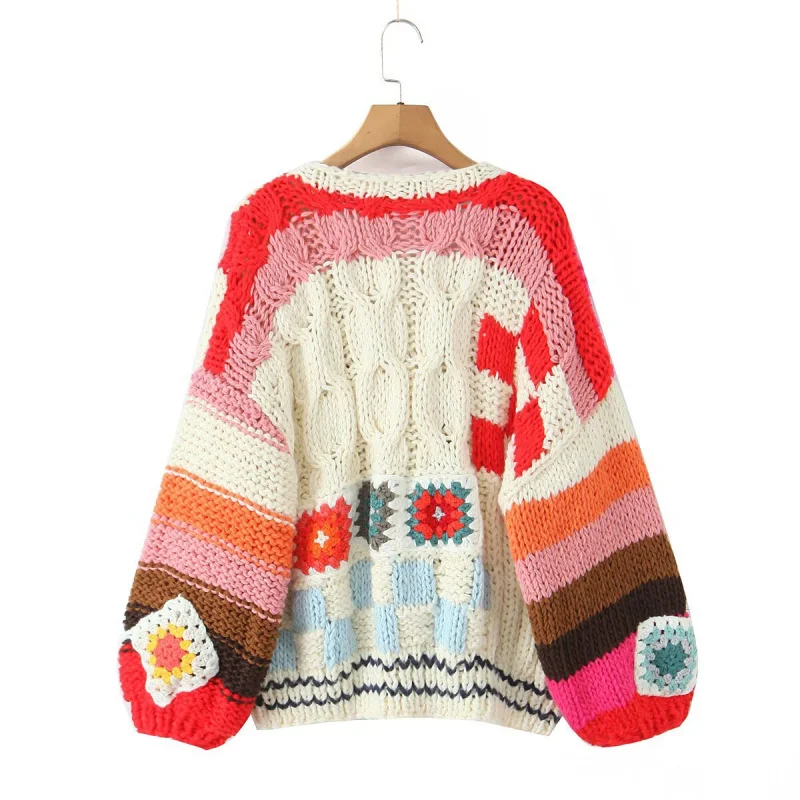 

Осень-зима 2022, новый европейско-американский стиль, французский ленивый свободный красочный кардиган с цветочным узором, вязаный крючком, свитер, пальто для женщин