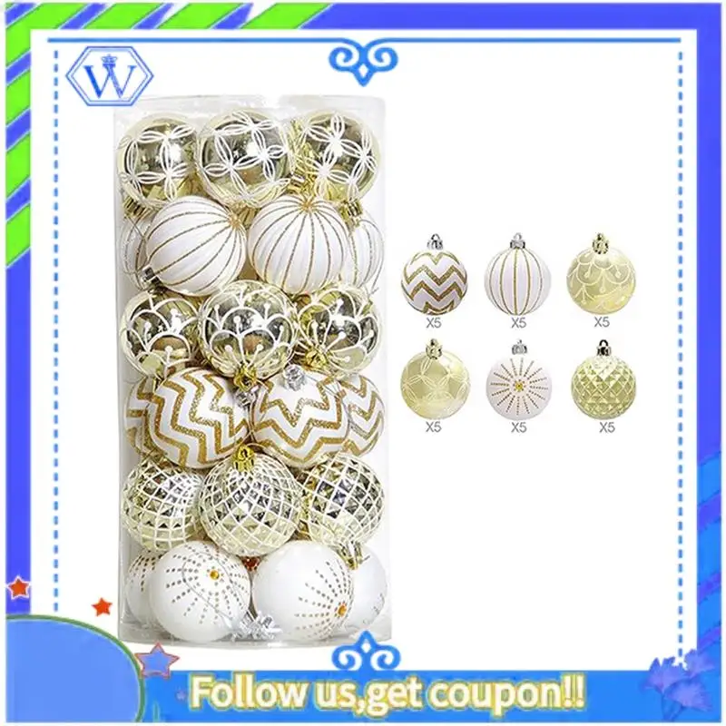 

Easy To Use 30PCS Christmas Balls ,60MM Gold&White Painted Shatterproof Festive Wedding Hanging Ornaments Christmas Trees Decora