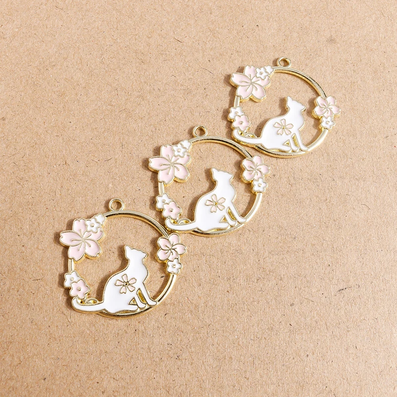 10 buah liontin jimat kucing bunga Enamel lucu untuk membuat perhiasan kalung anting DIY perlengkapan Aksesori perhiasan