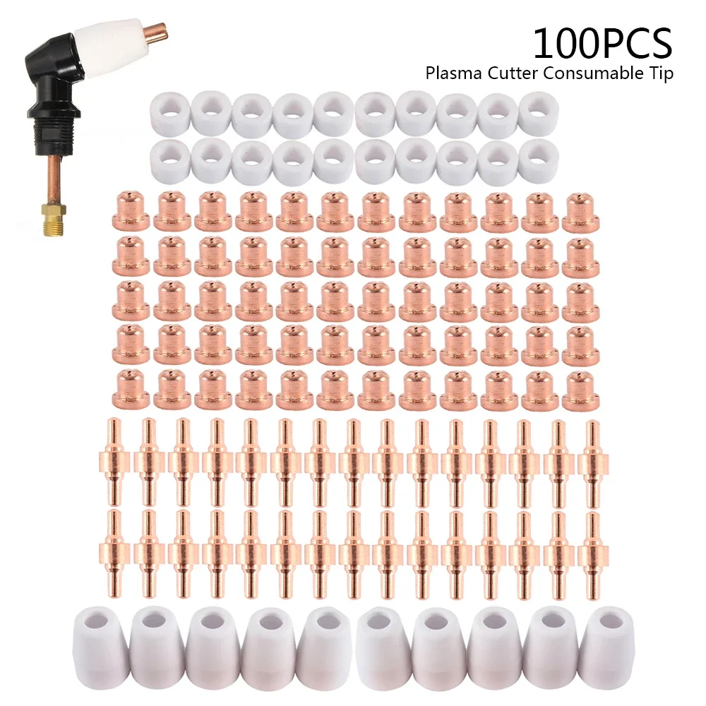 100pcs Plasma Cutter Electrode Tips Cup Extended Consumables Kit  Fit For PT31 PT-31 LG40 Cutting Torch CUT40 CUT50