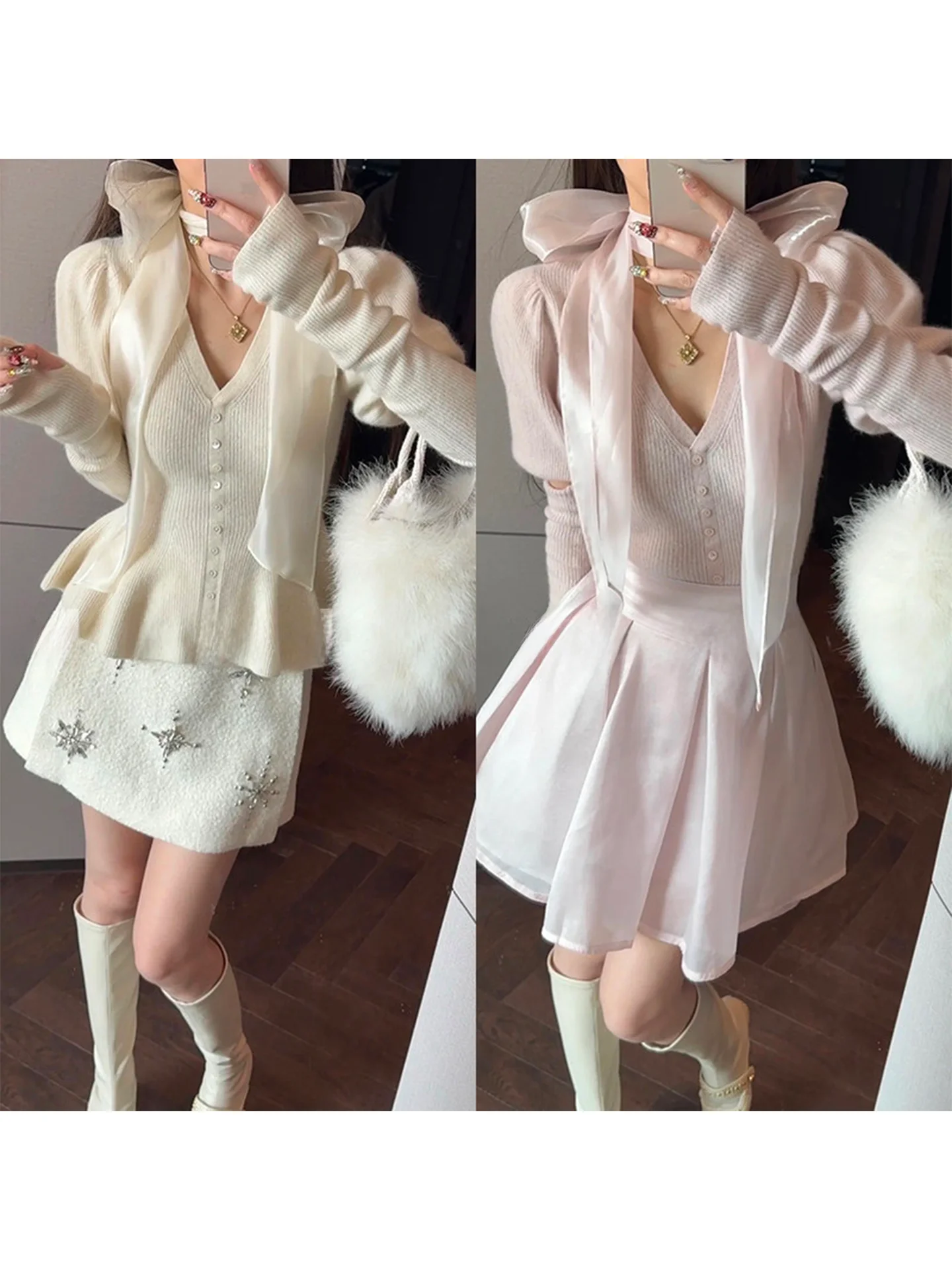 

Вязаный свитер Mary для женщин: милый топ с V-образным вырезом и рукавами-фонариками, зимняя модная одежда из смесовой шерсти, бренд Mimius