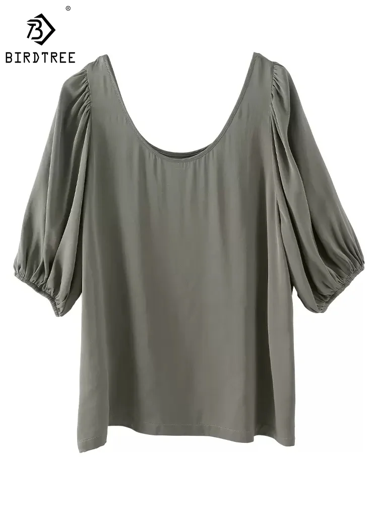 

BirdTree, 92%Real Silk Elegant T-Shirt, Women U Neck Solid Color, Retro Half Sleeve Elegant Top, 2024 Spring Summer New T43785QM