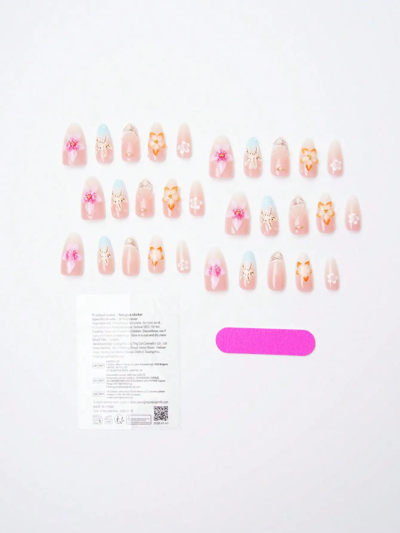30pcs Ocean Style Almond Shaped Acrylic Nail Stickers With 3D Starfish, Seashell & Floral Patterns, Pearlescent Metallic Decorative Glossy Full Cover False Nails, Suitable For Women & Girls Summer Beach Holiday Daily Wear
