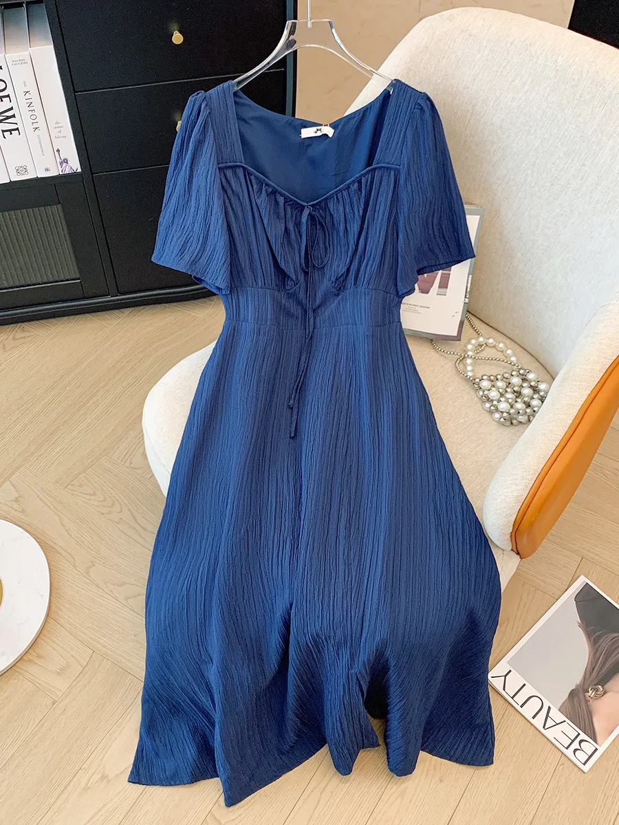 

150 кг женское платье больших размеров с бюстом 151 летнее свободное платье с квадратным вырезом на талии и короткими рукавами с разрезом синего цвета 5XL 6XL 7XL 8XL 9XL