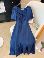 150Kg Plus Size Women's Bust 151 Summer Loose Square Neck Waist Cinched Short Sleeved Slit Dress Blue 5XL 6XL 7XL 8XL 9XL