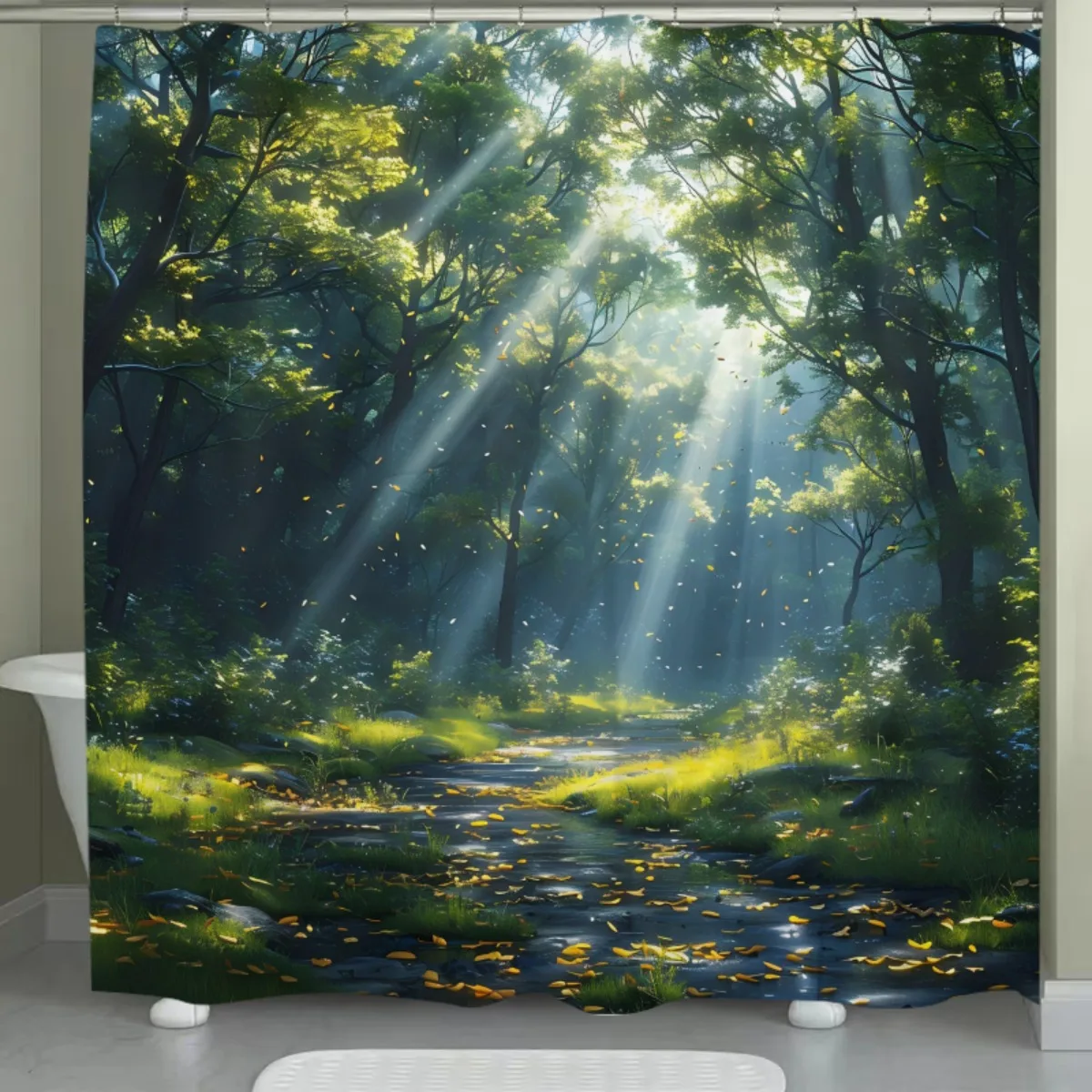 Sunlight Forest Stream Shower Curtain Nature Art Bathroom Decor Autumn Leaves Path Bath Curtains Modern Home Interior