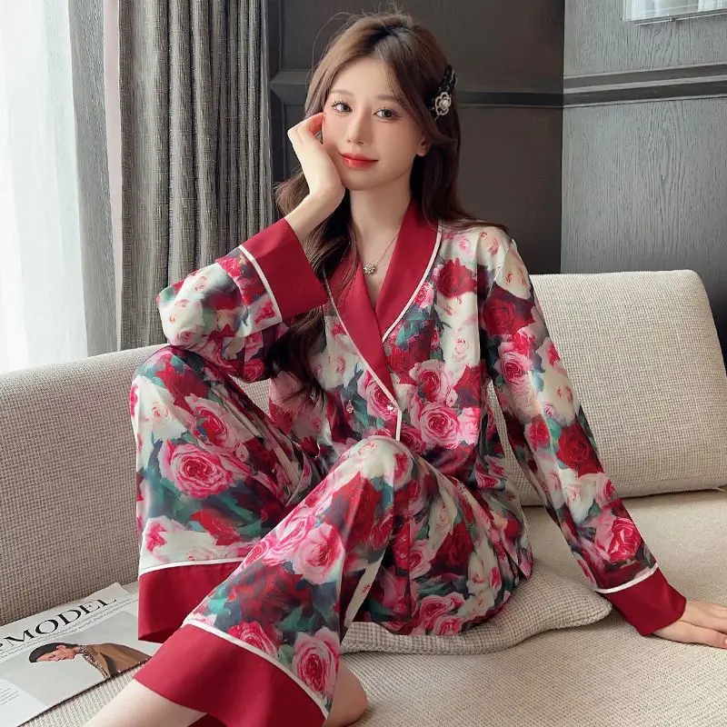 Womens Red Rose Imitation Silk Long Sleeved  Pajama Sets Home Sleepwear