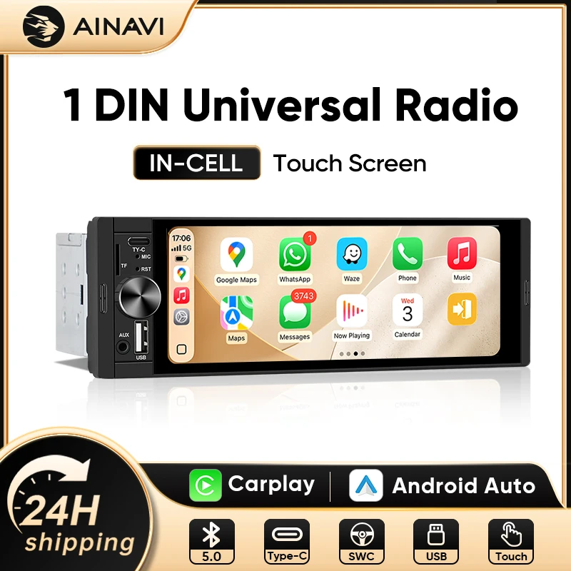 AINAVI Kabelloses Carplay Android Auto Autoradio mit kabelgebundener und kabelloser Verbindung, MP5-Multimedia-Player, Bluetooth 5.0, FM-Radio, USB-Ladefunktion, AUX, TF-Kartenleser, Audioausgang,