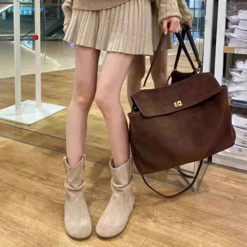 

Женские ботинки на плоской подошве, осенние удобные нескользящие модные уличные ботильоны из матовой замши, высококачественные короткие ботинки в стиле ретро