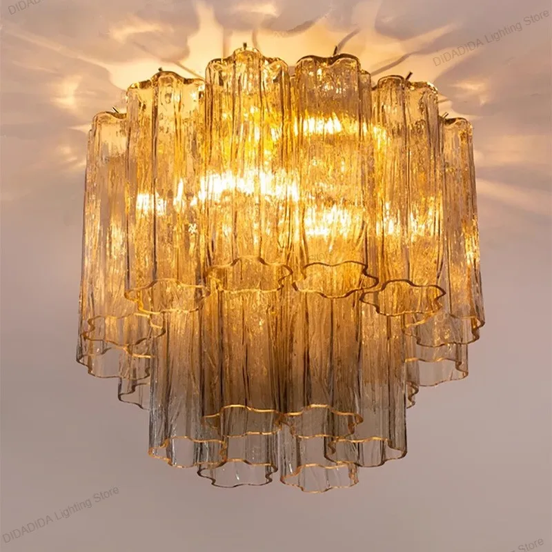 Lampu Gantung Tabung Kaca Murano Nordic Bentuk Lingkaran Kaca Putih Buram Abu-abu Asap Baja Tahan Karat Dapat Diredupkan Lustre