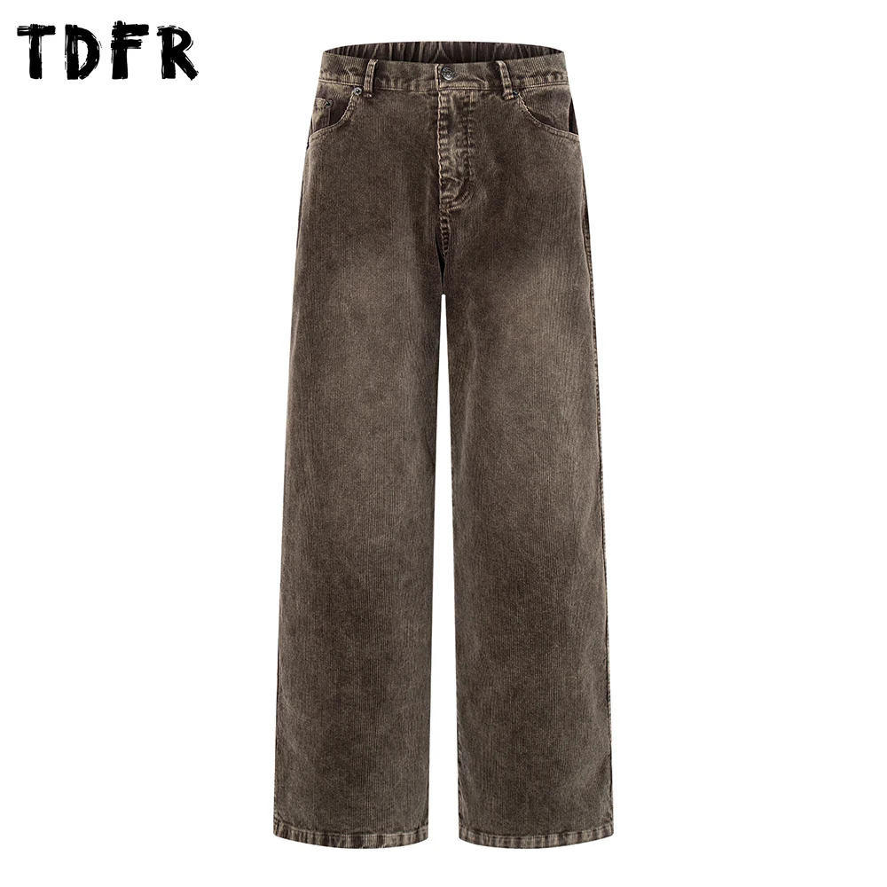 

Retro Corduroy Casual Pants Mens Pocket Autumn Winter Washed Distressed Straight Baggy Wide Leg Trousers Man