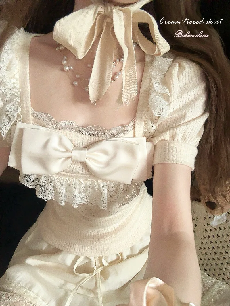 French Style Sweet Cute Short Sleeves Square Neck Top Shirt Ribbon Girl Doll Feel Bow Knitted Pullover Blouse Women's Clothing