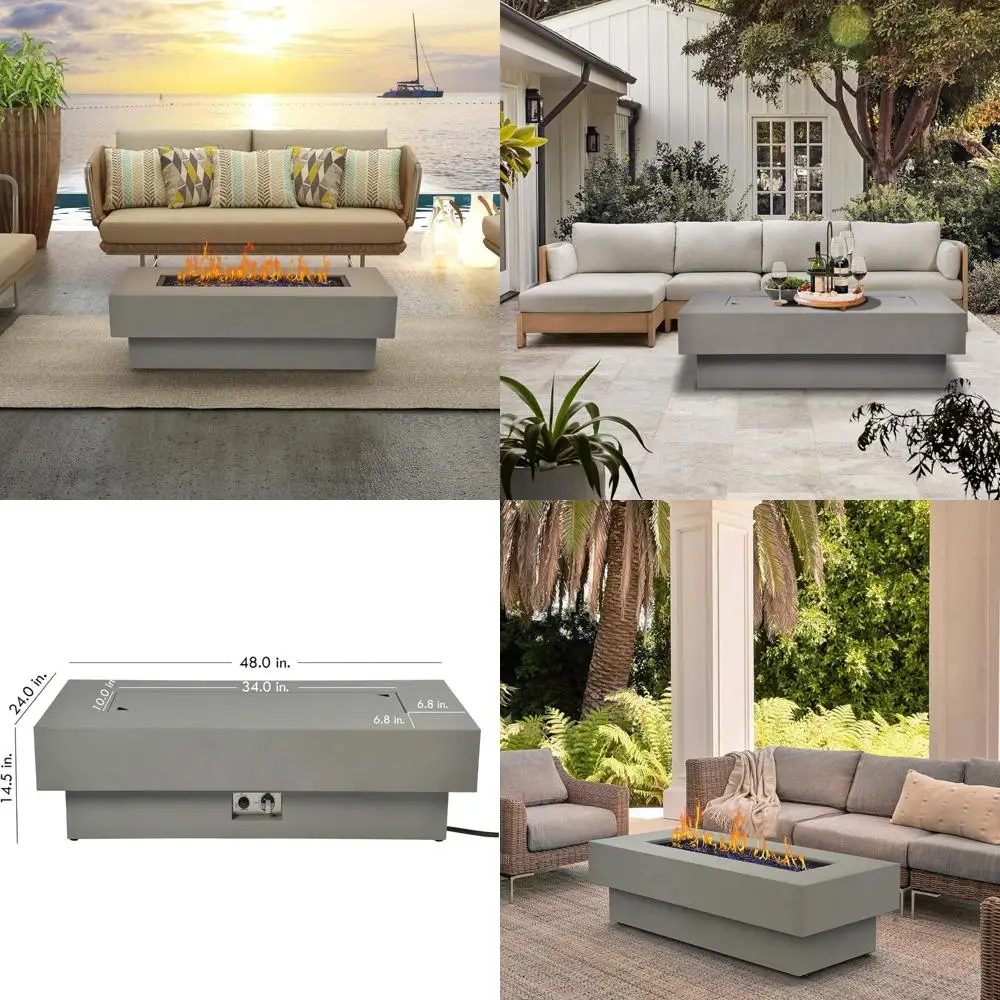 

Rectangular Outdoor Propane Fire Pit Table, 48-inch Low Profile, 50,000 BTU Modern Design with Lid, Glass Rocks, and Cove
