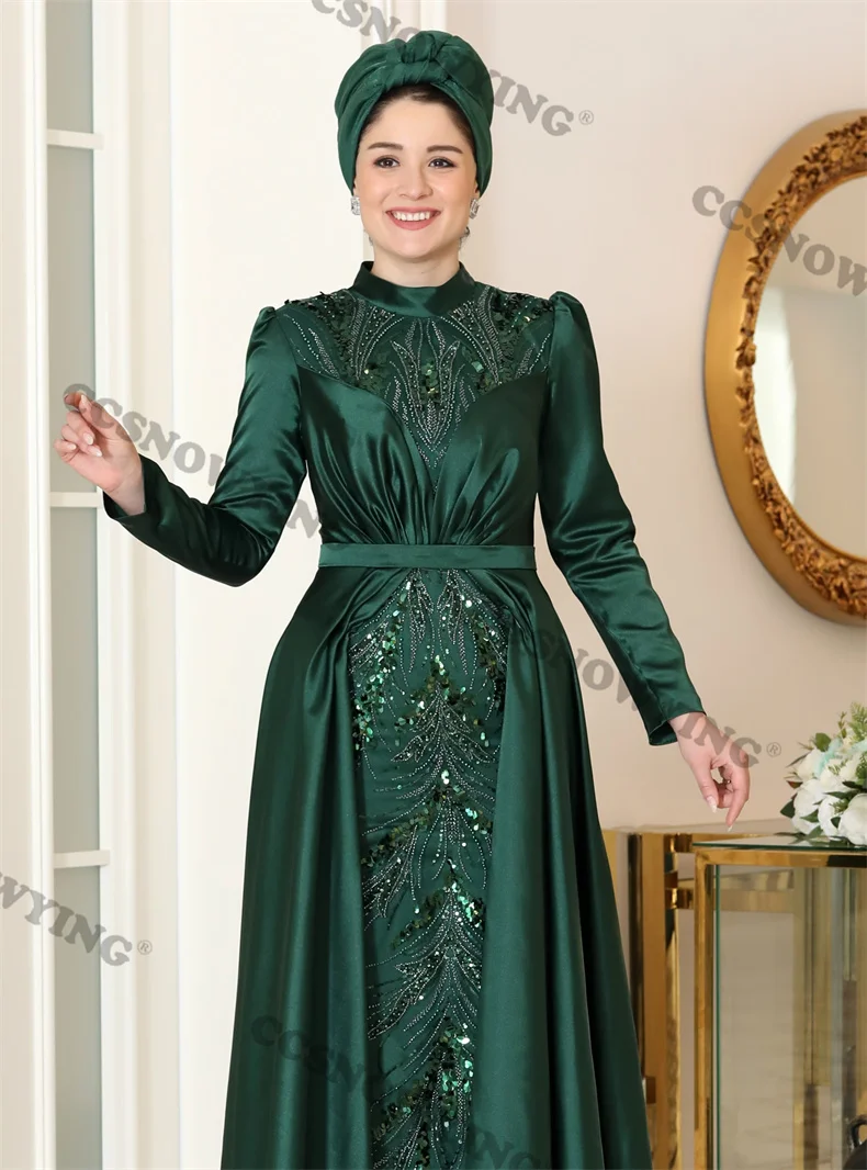 Robe de Soirée en Satin pour Femme Musulmane, Tenue Islamique à Manches sulf, avec des Appliques Perlées, Hijab, Style Arabe, Dubaï