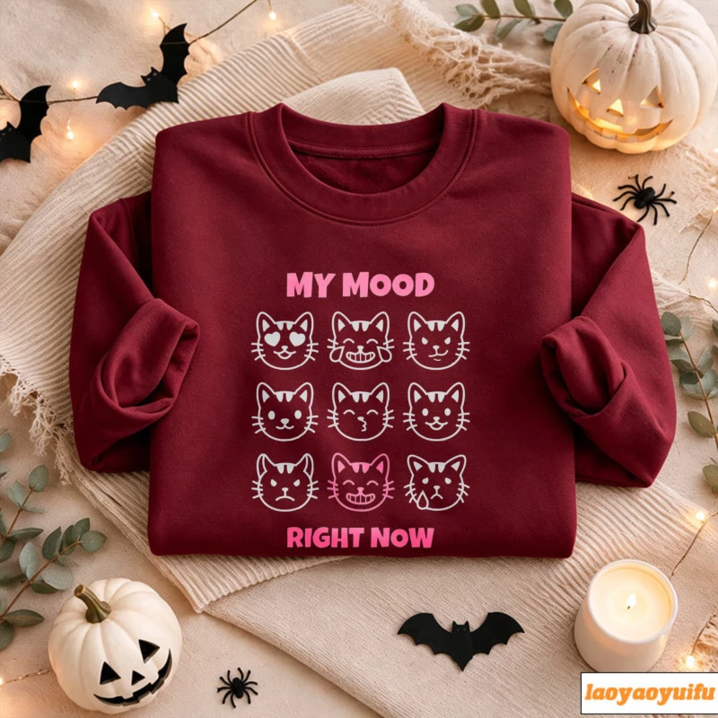 My Mood Right Now Multi‑Expression Cat Faces Cartoon Print Pullover Long Sleeve Casual Loose Streetwear Fashion Sweatshirts Tops