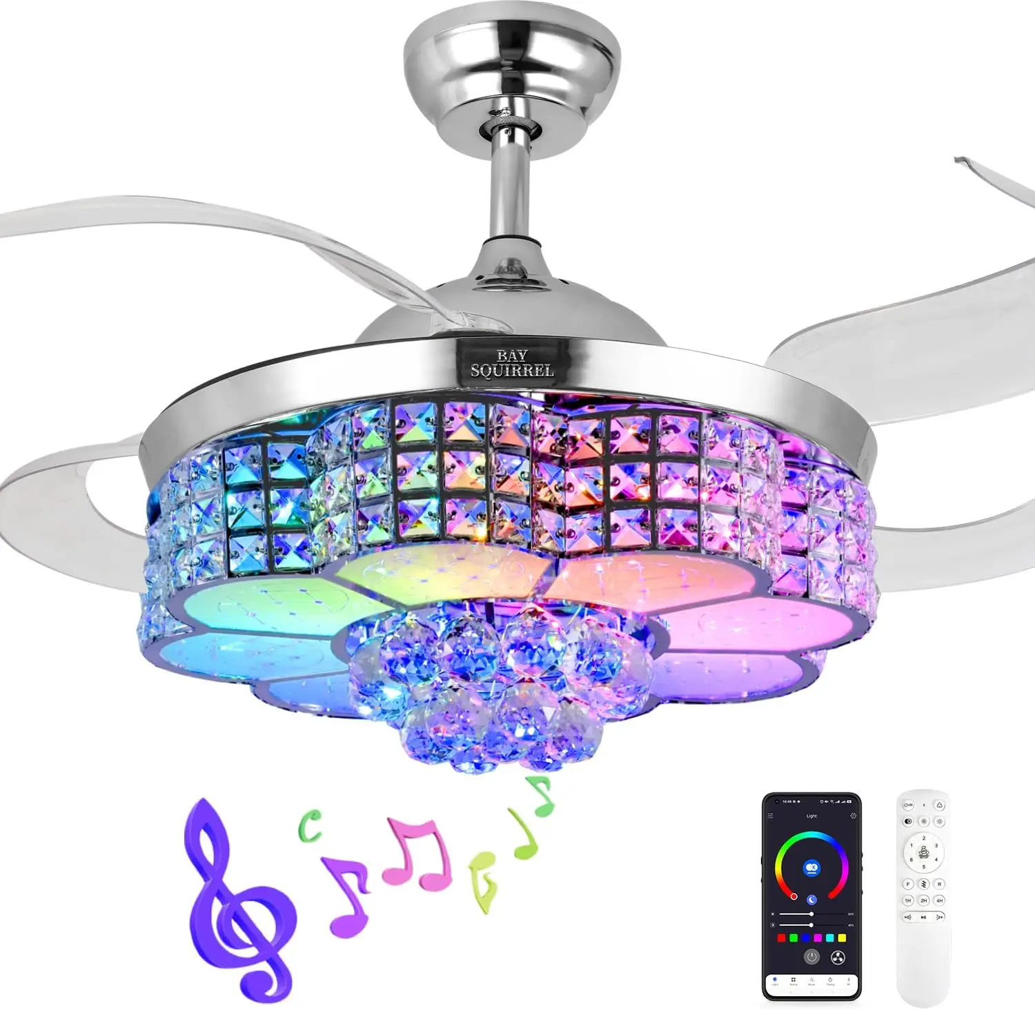 Retractable Crystal Ceiling Fan with Light, Remote and APP Control, 6 Speeds Reversible Blades, 3-Color LED Dimmable