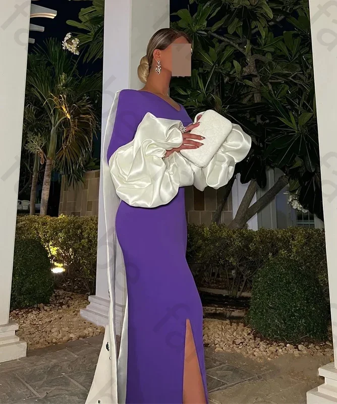 Robes De Soirée violettes élégantes personnalisées, châle blanc, Robe De bal formelle arabe, col en V, manches bouffantes