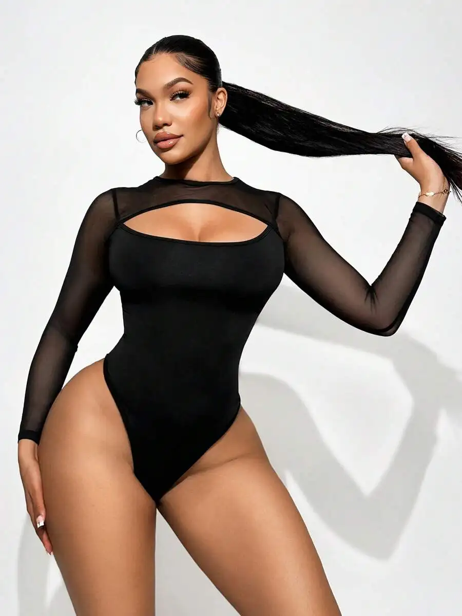 

Black Sheer Long Sleeve Cutout Bodysuit with High Stretch Fit