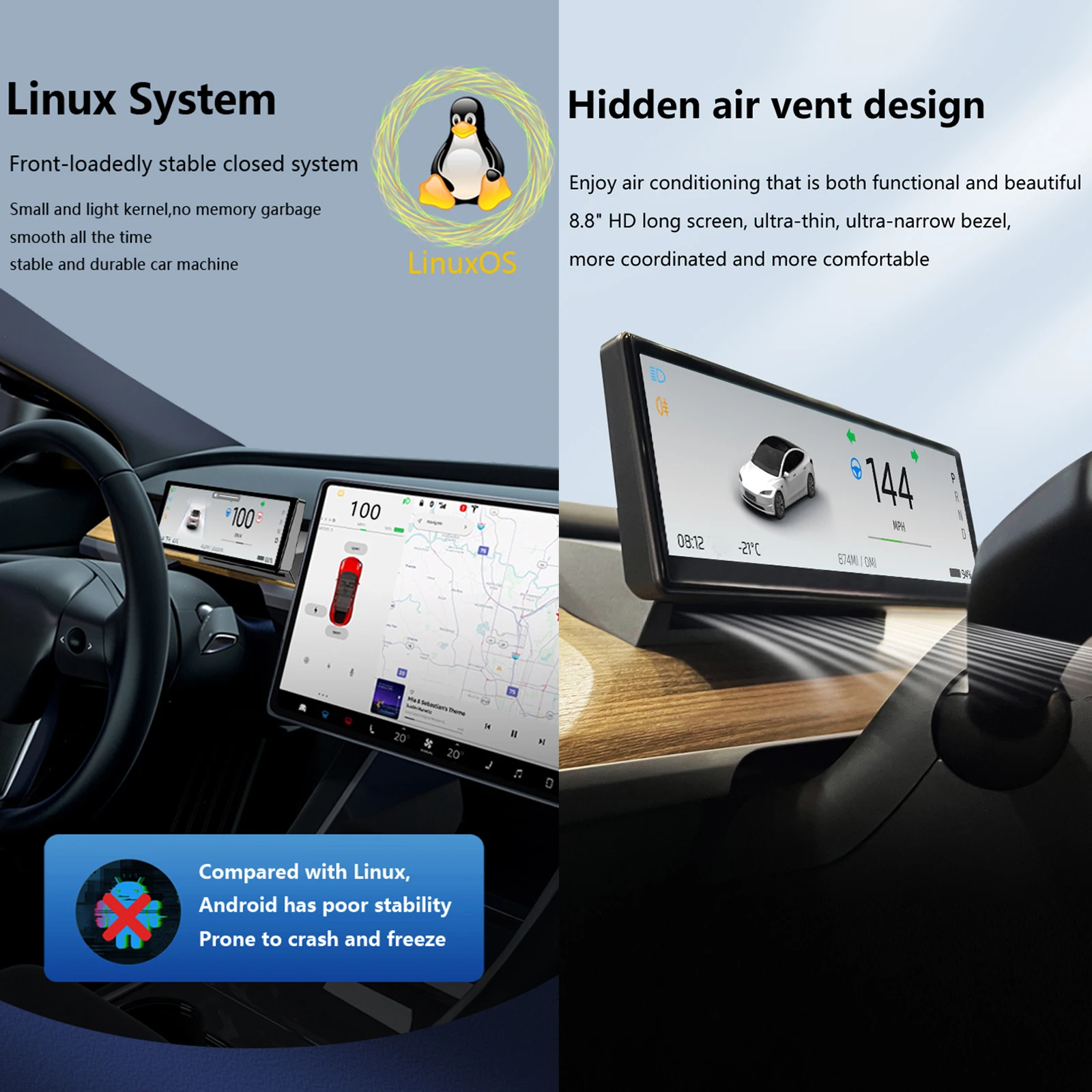 8.8in Linux OS samochodowa deska rozdzielcza dla modelu 3 Model Y obsługuje bezprzewodowe CarPlay bezprzewodowy Android Auto