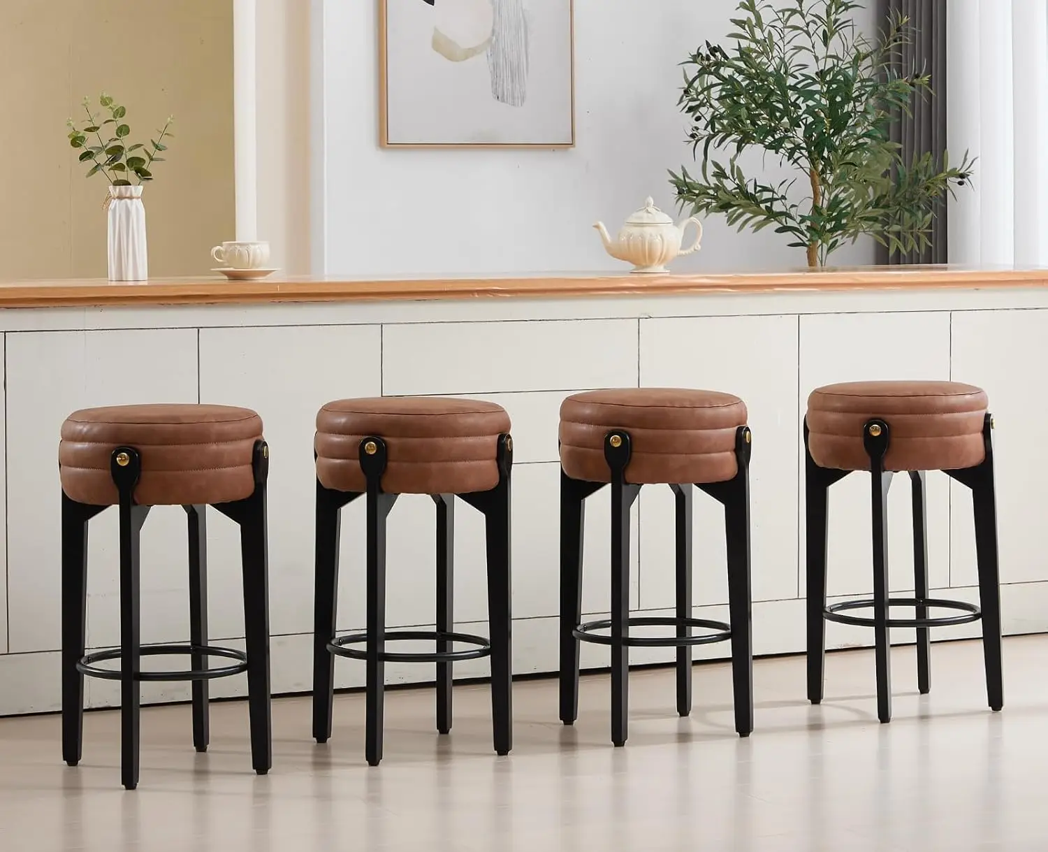 

Wooden Bar Stools Set of 4 Modern 26 Inch Backless Counter Height Bar Stools Farmhouse Leather Upholstered, Customized