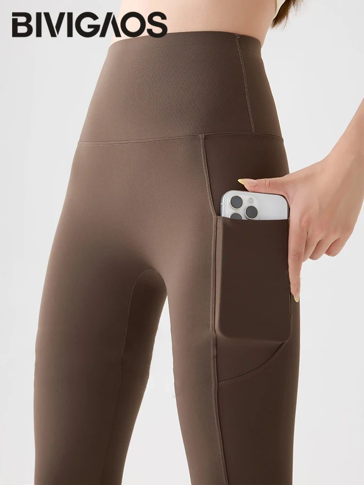 BIVIGAOS ฤดูใบไม้ผลิฤดูใบไม้ร่วงกระเป๋าด้านข้างคู่ Sharkskin กางเกงขายาวผู้หญิงแน่นยืดหยุ่นสูงเอวกีฬาฟิตเนสวิ่งกางเกงขายาว