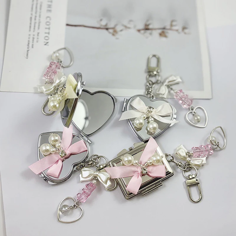 Pearl Bowknot Metal Keychain With Heart Shaped Mirror INS Style Bag Keyring Sweet Fashion Earphone Camera Pendant Gift