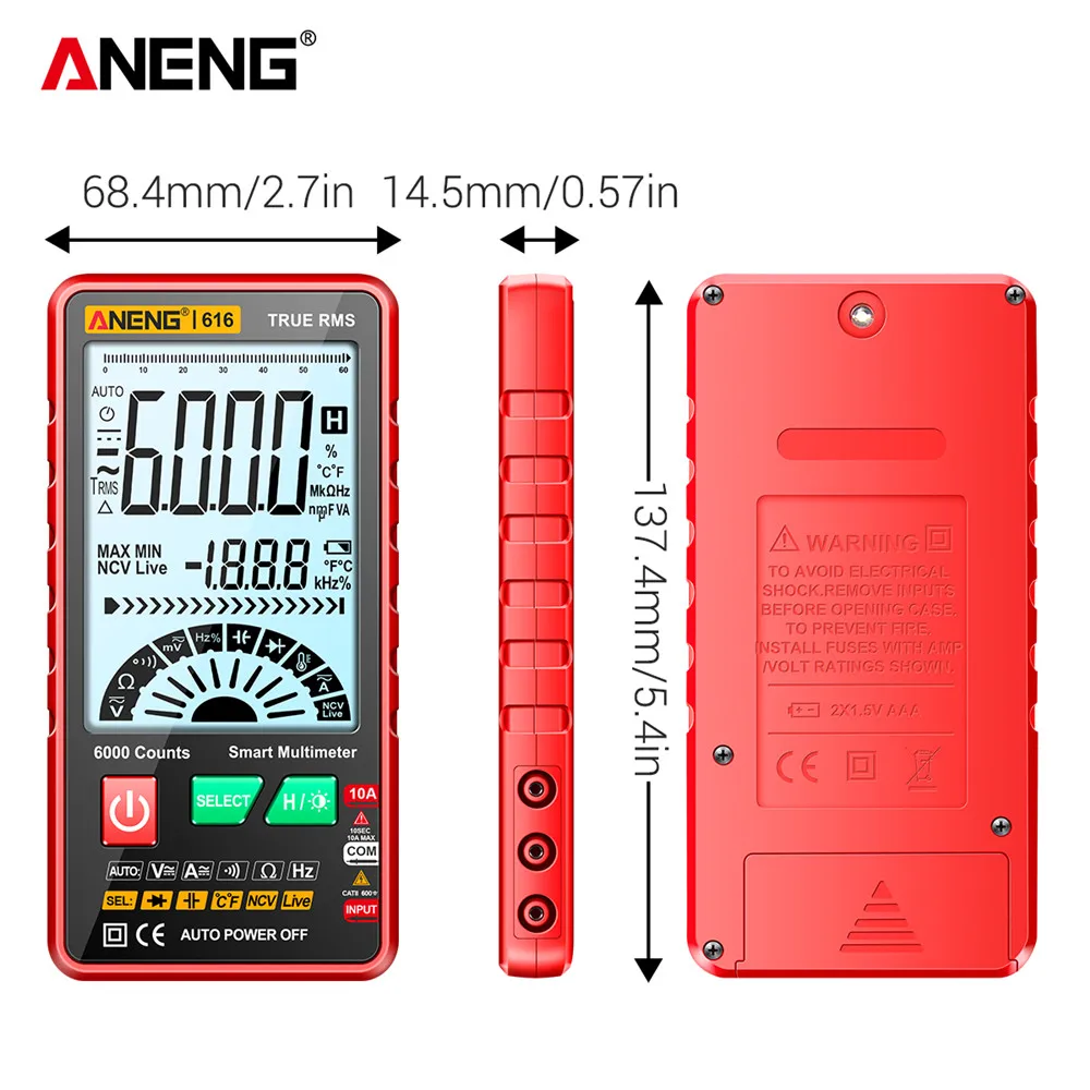 

Цифровой мультиметр ANENG 616 с 6000 показаниями, интеллектуальный детектор напряжения и тока AC/DC, измеритель емкости, портативный профессиональный тестер