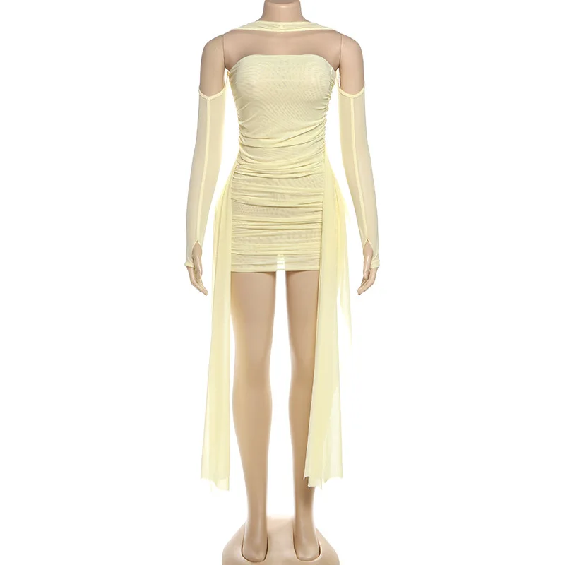Scialle a maniche lunghe Nastri Maglia trasparente Increspato Aderente Mini abito Senza spalline Backless Guaina Night Clubwear Party Robe Abiti
