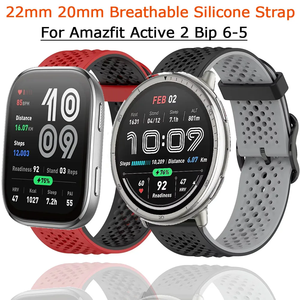 

22mm 20mm Breathable Silicone Strap For Amazfit Active 2 Sports Comfortable Waterproof Wristband For Amazfit Bip 6-5/GTS 4/3/2