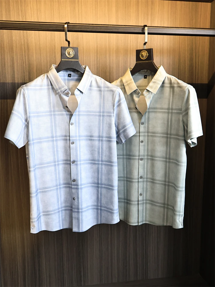 

Льняная смесь хлопка Sl Sealing Proc Summer 202, мужская клетчатая вышивка Busin Turn-down ort Sve irt